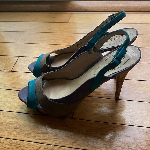 Guess Suede Multicolor Blue Gray Purple  Slingback Cork Heel Shoes  Sandals  8.5 - Picture 5 of 12